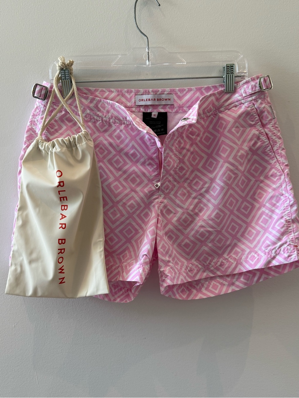 Orlebar Brown Mens Setter Pink & White Geometric Swim Shorts Size 32
